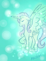 Size: 300x400 | Tagged: safe, artist:mdragonflame, fluttershy, alicorn, pegasus, pony, g4, abstract background, alicornified, eyes closed, fake horn, female, fluttercorn, hoof shoes, mare, princess fluttershy, race swap, raised hoof, signature, solo