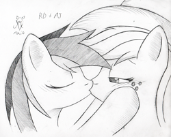 Size: 550x443 | Tagged: safe, artist:srmario, applejack, rainbow dash, earth pony, pegasus, pony, g4, bedroom eyes, bust, duo, eyelashes, eyes closed, female, freckles, grayscale, kiss on the lips, kissing, lesbian, mare, monochrome, ship:appledash, shipping, signature, traditional art