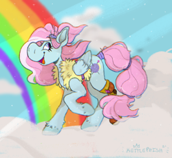 Size: 1024x941 | Tagged: safe, artist:kettlephish, kerfuffle, pegasus, pony, g4, amputee, clothes, cloud, eyelashes, female, mare, on a cloud, outdoors, positive body image, prosthetic limb, prosthetics, rainbow, raised hoof, signature, smiling, wings