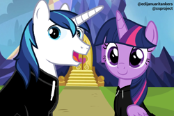 Size: 1126x750 | Tagged: safe, artist:edy_january, edit, vector edit, shining armor, twilight sparkle, alicorn, pony, unicorn, g4, brother and sister, castle, clothes, female, gopnik, hardbass, hoodie, male, siblings, slav, straight, tri poloski, twilight sparkle (alicorn), twilight's castle, vector