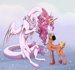 Size: 3281x3068 | Tagged: safe, artist:1an1, oc, oc only, draconequus, earth pony, pony, clasped hands, draconequus oc, duo, gradient legs, grass, hat, high res, jewelry, reaching, sitting, size difference, standing, tiara
