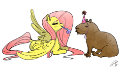 Size: 2225x1230 | Tagged: safe, artist:opalacorn, fluttershy, capybara, pegasus, pony, g4, beanbrows, dock, duo, eyebrows, eyes closed, female, hat, mare, noisemaker, party hat, party horn, simple background, white background