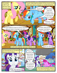 Size: 612x792 | Tagged: safe, artist:newbiespud, edit, edited screencap, screencap, berry punch, berryshine, fluttershy, rainbow dash, rarity, twilight sparkle, earth pony, pegasus, pony, unicorn, comic:friendship is dragons, g4, magical mystery cure, a true true friend, comic, dialogue, element of kindness, element of magic, eyelashes, female, fluttershy's cottage, glowing horn, horn, indoors, magic, magic aura, mare, mouth hold, outdoors, rain, rope, running, screencap comic, snow, swapped cutie marks, telekinesis, unicorn twilight, wings, worried