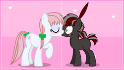 Size: 2560x1440 | Tagged: safe, artist:cranberry-tofu, oc, oc only, oc:squeaky pitch, oc:whisper call, earth pony, pony, unicorn, female, kissing, mare