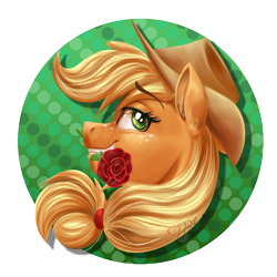 Size: 3000x3000 | Tagged: safe, artist:jack-pie, applejack, earth pony, pony, g4, cowboy hat, female, flower, freckles, green eyes, hat, head only, high res, mare, mouth hold, rose, solo, stetson