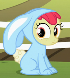 Size: 277x307 | Tagged: safe, screencap, apple bloom, earth pony, pony, family appreciation day, g4, season 2, adorabloom, animal costume, bunny bloom, bunny costume, clothes, costume, cropped, cute, solo