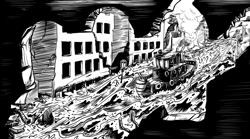 Size: 4256x2364 | Tagged: safe, artist:lexx2dot0, fallout equestria, fallout equestria: project horizons, series:ph together we reread, black and white, boat, city, fanfic art, flood, grayscale, high res, monochrome, no pony, river, ruins
