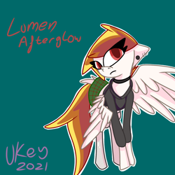 Size: 1280x1280 | Tagged: safe, artist:ukedideka, oc, oc:lumen afterglow, pegasus, pony, choker, clothes, collar, emo, fishnet stockings, hoodie, looking at you, pegasus oc, piercing, simple background, skirt, species:abstract, spread wings, tail feathers, wings
