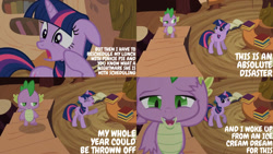 Size: 1280x720 | Tagged: safe, edit, edited screencap, editor:quoterific, screencap, spike, twilight sparkle, dragon, pony, unicorn, g4, it's about time, season 2, duo, eyes closed, female, floppy ears, golden oaks library, male, mare, open mouth, stairs, unicorn twilight