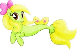 Size: 3029x1979 | Tagged: safe, artist:jucamovi1992, oc, oc only, earth pony, pony, seapony (g4), brown eyes, dorsal fin, female, fish tail, flowing mane, flowing tail, ribbon, seaponified, simple background, smiling, solo, species swap, tail, transparent background, watermark, yellow mane