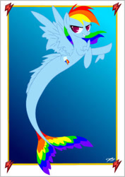 Size: 308x434 | Tagged: safe, artist:queenzora, rainbow dash, hippocampus, merpony, pegasus, pony, seapony (g4), g4, crepuscular rays, dorsal fin, feather, female, fins, fish tail, flowing mane, flowing tail, multicolored hair, ocean, pink eyes, postcard, seaponified, seapony rainbow dash, simple background, smiling, solo, species swap, spread wings, sunlight, tail, underwater, water, wings