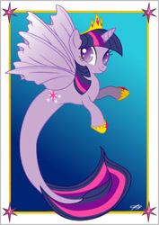 Size: 308x434 | Tagged: safe, artist:queenzora, twilight sparkle, alicorn, pony, seapony (g4), g4, crepuscular rays, crown, feather, female, fins, fish tail, flowing mane, flowing tail, hoof shoes, horn, jewelry, ocean, postcard, purple eyes, regalia, seaponified, seapony twilight, simple background, smiling, solo, species swap, spread wings, sunlight, swimming, tail, twilight sparkle (alicorn), underwater, water, wings