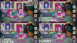 Size: 1280x720 | Tagged: safe, edit, edited screencap, editor:quoterific, screencap, pinkie pie, rarity, equestria girls, equestria girls series, festival looks, g4, spoiler:eqg series (season 2), confetti, eyes closed, female, geode of shielding, geode of sugar bombs, magical geodes, music festival outfit, nose in the air, open mouth, party cannon, smiling