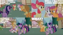 Size: 1280x720 | Tagged: safe, edit, edited screencap, editor:quoterific, screencap, apple bloom, applejack, scootaloo, spike, sweetie belle, twilight sparkle, dragon, earth pony, pegasus, pony, unicorn, g4, season 2, the cutie pox, ^^, adorabloom, apple bloom's bow, applejack's hat, bow, cowboy hat, cute, cutealoo, cutie mark crusaders, diasweetes, eyes closed, female, filly, hair bow, hat, jackabetes, male, mare, open mouth, smiling, unicorn twilight, wat