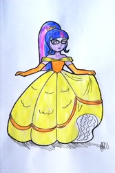 Size: 1560x2339 | Tagged: safe, artist:fude-chan-art, sci-twi, twilight sparkle, unicorn, equestria girls, g4, beauty and the beast, belle, clothes, crown, dress, evening gloves, glasses, gloves, horn, jewelry, long gloves, regalia