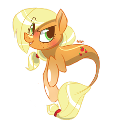 Size: 2358x2543 | Tagged: safe, artist:shazzykatana, applejack, earth pony, merpony, pony, seapony (g4), g4, my little pony: the movie, blushing, female, fish tail, flowing tail, freckles, green eyes, high res, open mouth, seaponified, seapony applejack, signature, simple background, smiling, solo, species swap, tail, transparent background, yellow mane