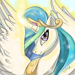 Size: 2449x2449 | Tagged: safe, artist:shazzykatana, princess celestia, alicorn, pony, g4, crown, ethereal mane, eyelashes, feather, flowing mane, glowing, glowing horn, high res, horn, jewelry, looking at you, purple eyes, regalia, signature, smiling, smiling at you, solo, sparkles, spread wings, starry mane, wings