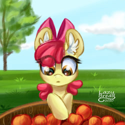 Size: 1280x1280 | Tagged: safe, artist:lazybread, apple bloom, earth pony, pony, g4, apple, bucket, ear fluff, female, filly, food, solo, tree