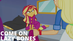 Size: 1280x720 | Tagged: safe, edit, edited screencap, editor:quoterific, screencap, applejack, sunset shimmer, equestria girls, g4, my little pony equestria girls: better together, wake up!, wake up!: applejack, angry, barefoot, blanket, clothes, cutie mark, cutie mark on clothes, feet, female, glasses, music festival outfit, pajamas, pillow, reference, shrek, shrek the third
