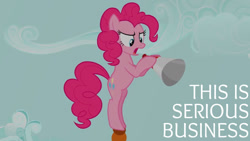 Size: 1280x720 | Tagged: safe, edit, edited screencap, editor:quoterific, screencap, pinkie pie, earth pony, pony, a friend in deed, g4, season 2, bipedal, female, mare, megaphone, open mouth, serious business, solo