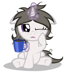 Size: 2280x2540 | Tagged: safe, artist:strategypony, oc, oc only, oc:solaria, pony, unicorn, chocolate, female, filly, floppy ears, foal, food, glowing horn, high res, horn, hot chocolate, magic, magic aura, messy mane, missing accessory, mug, one eye closed, open mouth, rubbing eyes, simple background, sitting, sleepy, solo, telekinesis, transparent background, vector