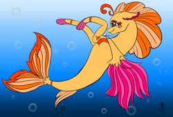 Size: 1814x1228 | Tagged: safe, artist:spotzoftheworld, oc, oc only, hybrid, merpony, seapony (g4), bubble, crepuscular rays, dorsal fin, fin wings, fins, fish tail, flowing tail, freckles, green eyes, jewelry, necklace, ocean, signature, smiling, solo, sunlight, swimming, tail, underwater, water, wings