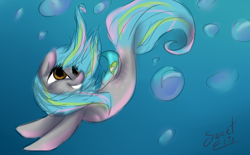 Size: 1116x692 | Tagged: safe, artist:elisdoominika, oc, oc only, earth pony, pony, seapony (g4), brown eyes, bubble, crepuscular rays, dorsal fin, eyelashes, female, fish tail, flowing mane, flowing tail, looking up, ocean, seaponified, signature, smiling, solo, species swap, swimming, tail, underwater, water