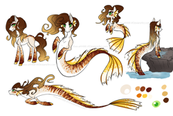 Size: 1500x1000 | Tagged: safe, artist:rascal4488, oc, oc only, hybrid, merpony, seapony (g4), brown mane, dorsal fin, female, fish tail, flowing mane, flowing tail, green eyes, rock, simple background, solo, swimming, tail, water, white background