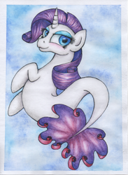 Size: 1742x2383 | Tagged: safe, artist:langustka, rarity, merpony, pony, seapony (g4), unicorn, g4, my little pony: the movie, blue background, blue eyes, blue mane, blushing, colored pupils, female, fish tail, flowing mane, flowing tail, horn, ocean, seaponified, seapony rarity, simple background, smiling, solo, species swap, tail, underwater, water