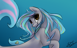 Size: 1116x692 | Tagged: safe, artist:elisdoominika, oc, oc only, earth pony, pony, seapony (g4), brown eyes, crepuscular rays, dorsal fin, female, fish tail, flowing mane, flowing tail, ocean, seaponified, signature, smiling, solo, species swap, tail, underwater, water