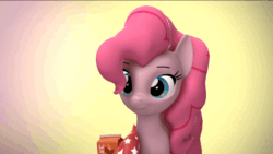 Size: 1280x721 | Tagged: safe, artist:fishimira, pinkie pie, earth pony, pony, g4, 3d, animated, female, food, gradient background, hat, laughing, mare, milk, simple background, solo, source filmmaker, sugar (food), tongue out, wait for it