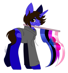 Size: 1240x1342 | Tagged: safe, artist:inspiredpixels, oc, oc only, pony, unicorn, bisexual pride flag, freckles, genderfluid, genderfluid pride flag, mouth hold, one eye closed, pride, pride flag, simple background, solo, standing, transparent background