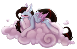 Size: 2707x1736 | Tagged: safe, artist:inspiredpixels, oc, oc only, pegasus, pony, blushing, cloud, eyes closed, female, mare, signature, simple background, solo, transparent background, two toned wings, wings