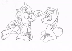 Size: 2438x1731 | Tagged: safe, artist:sefastpone, big macintosh, forest fall, kirin, pony, g4, black and white, cider, duo, grayscale, male, monochrome, open mouth, simple background, speech bubble, stallion, talking, traditional art, white background