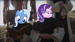 Size: 854x480 | Tagged: safe, edit, starlight glimmer, trixie, g4, animated, holy hand grenade of antioch, monty python, monty python and the holy grail, reading, sound, uberduck.ai, webm
