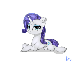 Size: 1400x1200 | Tagged: safe, artist:skylairo, rarity, pony, unicorn, g4, ear fluff, female, hair, horn, looking at you, lying down, mane, mare, simple background, smiling, solo, tail, watermark, white background