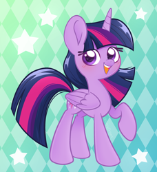 Size: 2142x2349 | Tagged: safe, artist:ninnydraws, twilight sparkle, alicorn, pony, g4, blushing, eye clipping through hair, female, folded wings, high res, horn, looking at you, mare, open mouth, open smile, raised hoof, smiling, smiling at you, solo, twilight sparkle (alicorn), wings