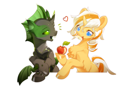 Size: 3508x2480 | Tagged: safe, artist:obscure chime, derpibooru exclusive, oc, oc only, oc:accurate balance, oc:utopia, changeling, pony, unicorn, accopia, apple, changeling oc, chest fluff, commission, duo, food, green changeling, heart, high res, missing cutie mark, mouth hold, sharing, sharing food, simple background, waist up, white background