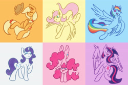 Size: 4500x3000 | Tagged: safe, artist:shad0w-galaxy, applejack, fluttershy, pinkie pie, rainbow dash, rarity, twilight sparkle, alicorn, earth pony, pegasus, pony, unicorn, g4, female, high res, mane six, mare, simple background, slender, smiling, thin, twilight sparkle (alicorn)