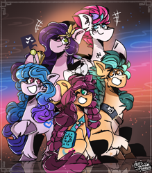 Size: 3500x4000 | Tagged: safe, artist:its_sunsetdraws, hitch trailblazer, izzy moonbow, pipp petals, sunny starscout, zipp storm, earth pony, pegasus, pony, unicorn, g5, ball, digital art, doodle, fanart, female, group drawing, izzy's tennis ball, male, mane five, mare, phone, royal sisters (g5), siblings, sisters, stallion, tennis ball, twilight's cutie mark