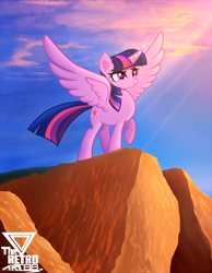 Size: 1100x1414 | Tagged: safe, artist:theretroart88, twilight sparkle, alicorn, pony, g4, cliff, crepuscular rays, cutie mark, female, mare, raised hoof, solo, twilight sparkle (alicorn), twilight sparkle day