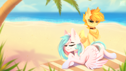 Size: 3840x2160 | Tagged: safe, artist:elektra-gertly, oc, oc only, oc:aurryhollows, oc:foxyhollows, pegasus, pony, beach, beach towel, duo, high res, ocean, palm tree, tree