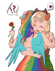 Size: 500x640 | Tagged: artist needed, source needed, safe, applejack, rainbow dash, earth pony, human, pegasus, g4, bare shoulders, blushing, ear blush, eared humanization, exclamation point, eyes closed, female, flower, heart, hug, humanized, interrobang, lesbian, open mouth, open smile, question mark, rose, ship:appledash, shipping, sleeveless, smiling, winged humanization, wings