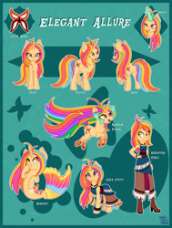 Size: 1024x1355 | Tagged: safe, artist:happy-go-creative, oc, oc only, oc:elegant allure, butterfly, sea pony, seapony (g4), unicorn, equestria girls, g4, bubble, dorsal fin, female, fin, fish tail, flowing mane, flowing tail, gala outfit, horn, magic, one eye closed, reference sheet, scales, seaponified, sleeveless, smiling, species swap, swimming, tail, wink