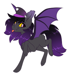 Size: 1766x1870 | Tagged: safe, artist:madspacekitty, oc, oc only, oc:blackmour, bat pony, pony, :p, bat wings, cute, dyed mane, dyed tail, ear piercing, earring, hat, jewelry, male, piercing, simple background, smiling, solo, stallion, tongue out, transparent background, trap, wings