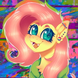 Size: 2048x2048 | Tagged: safe, artist:yumkandie, fluttershy, pegasus, pony, antonymph, cutiemarks (and the things that bind us), vylet pony, g4, bust, chest fluff, clothes, cute, cute little fangs, daaaaaaaaaaaw, ear piercing, eye reflection, fangs, fluttgirshy, gir, heart eyes, high res, hoodie, industrial piercing, invader zim, open mouth, open smile, pansexual, pansexual pride flag, piercing, portrait, pride, pride flag, reflection, shyabetes, smiling, solo, volumetric mouth, wingding eyes