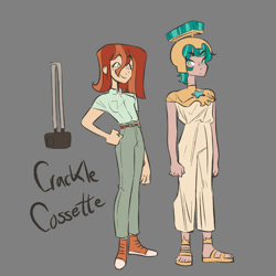 Size: 2004x2000 | Tagged: safe, artist:galaxiedream, crackle cosette, queen chrysalis, vanguard cover, human, g4, armor, belt, camera, clothes, commission, converse, disguised changeling, dress, duo, feet, female, gray background, helmet, high res, humanized, jeans, pants, sandals, shirt, shoes, simple background