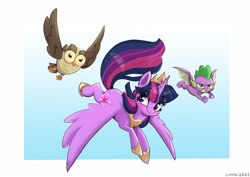 Size: 4093x2894 | Tagged: safe, artist:lummh, owlowiscious, spike, twilight sparkle, alicorn, bird, dragon, owl, pony, g4, abstract background, clothes, crown, cute, determined, flying, happy, high res, hoof shoes, jewelry, joyful, necklace, pet, regalia, shoes, smiling, spread wings, tail, twilight sparkle (alicorn), winged spike, wings
