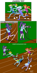 Size: 1081x2152 | Tagged: safe, artist:pheeph, cloudchaser, lightning dust, rainbow dash, sci-twi, sunset shimmer, twilight sparkle, equestria girls, g4, cable, camera, comic, equestria girls-ified, old master q, parody, running, sports, track and field, tripping