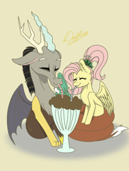 Size: 768x1024 | Tagged: safe, artist:delfinaluther, discord, fluttershy, draconequus, pegasus, pony, g4, the last problem, ^^, chocolate, drinking, eyes closed, female, food, happy, male, shake, ship:discoshy, shipping, signature, simple background, smiling, straight, straw, tail wrap, yellow background